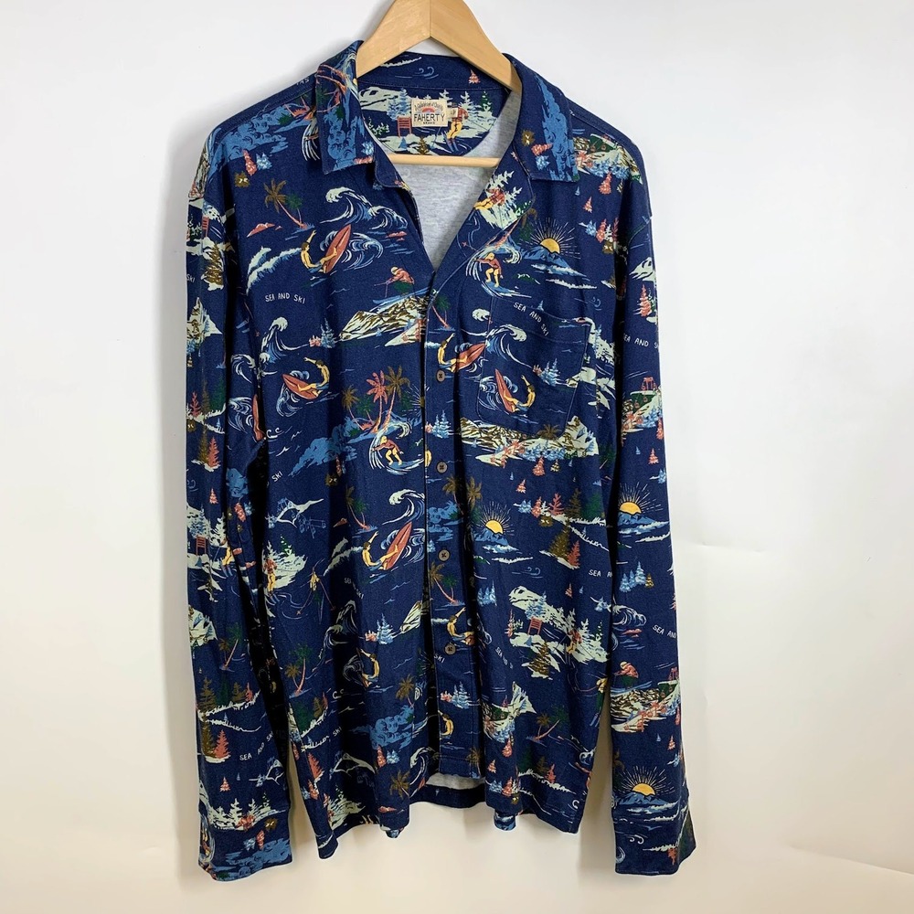 Faherty Brand Men's Long Sleeve Button Up Shirt Sea & Ski Print Navy Blue Size L